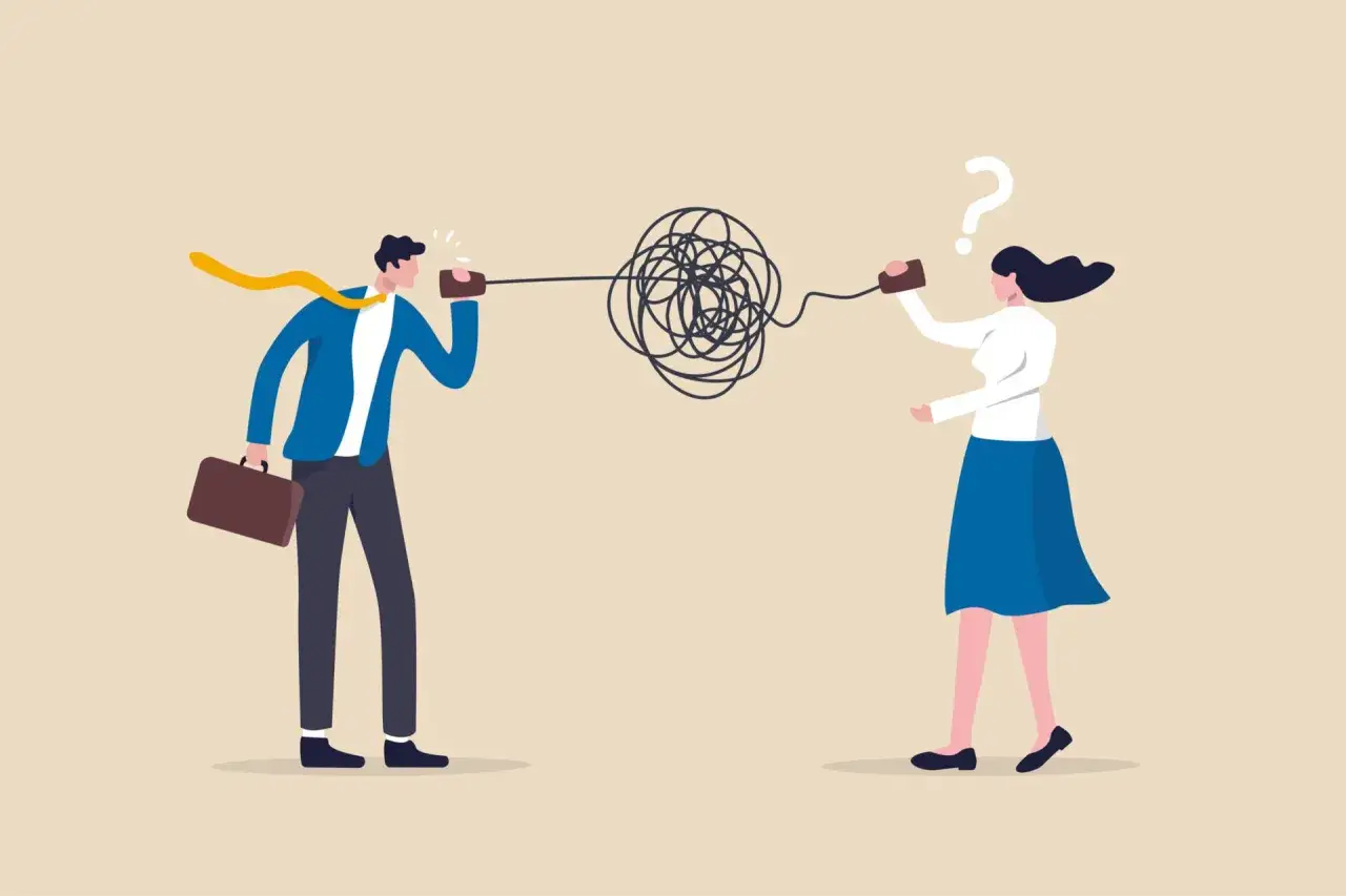 Mężczyzna i kobieta rozmawiają przez puszki połączone splątanym sznurkiem. Ona ma znak zapytania nad głową. To ilustracja tego, co to ghosting.