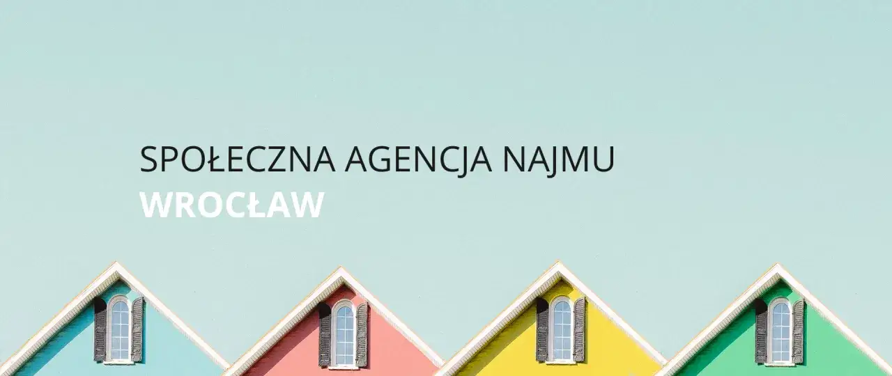 Społeczna agencja najmu we Wrocławiu. Kolorowe domki z okienkami na tle błękitnego nieba.