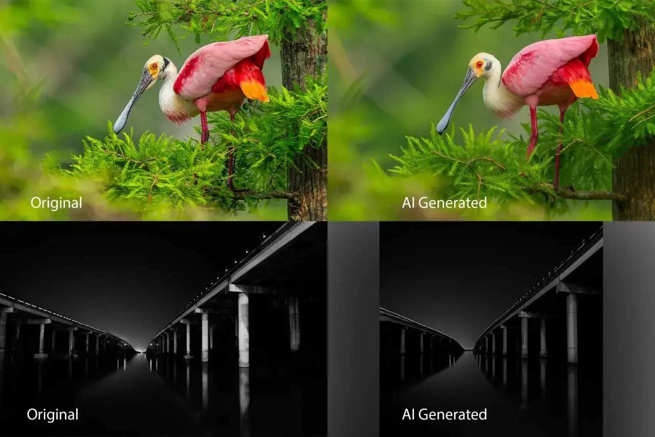 Comparaci&oacute;n de im&aacute;genes: un flamenco rosado en un &aacute;rbol y un puente reflejado en el agua, mostrando la diferencia entre original y ia realista.