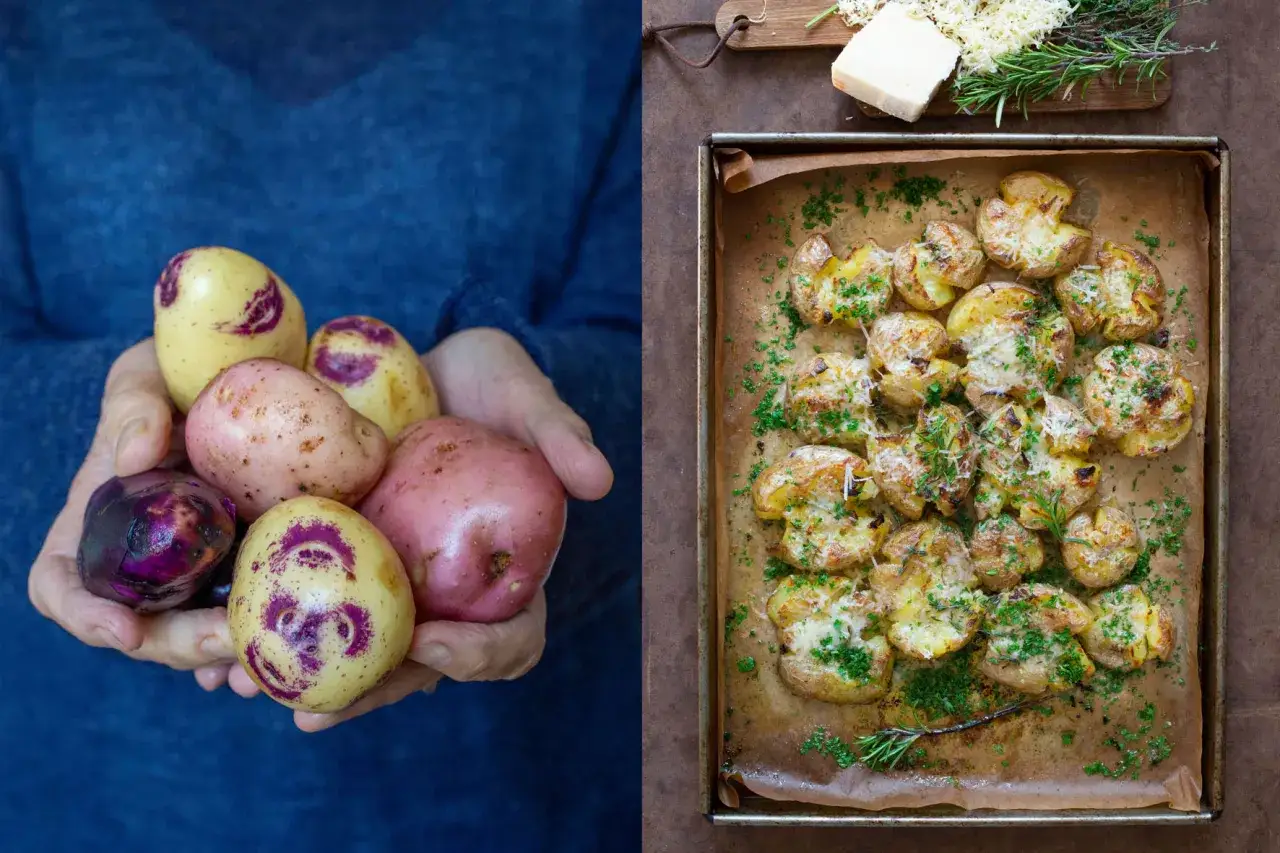 Härliga klyftpotatis i ugn, gyllene och gratinerade med ost och örter. En perfekt sidorätt!
