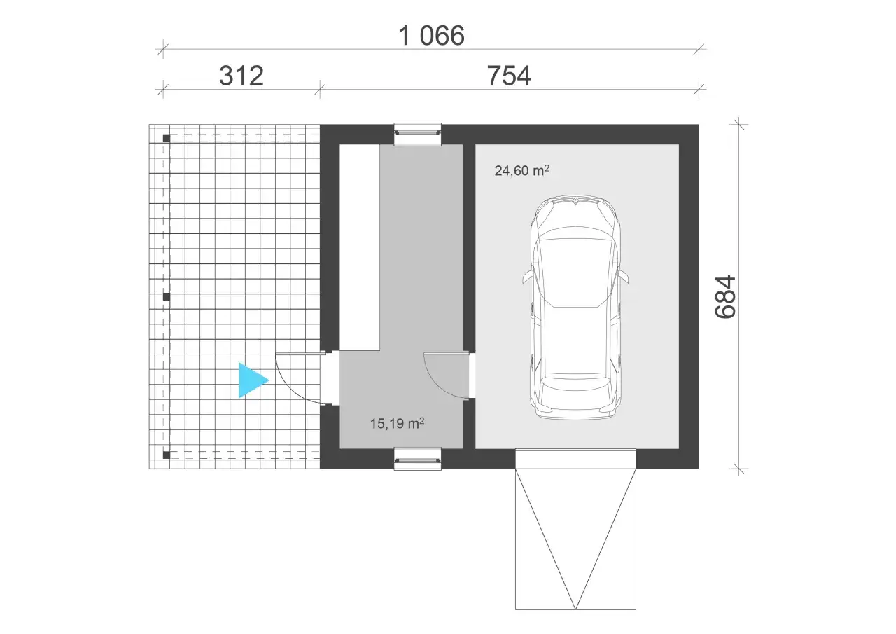 Rzut garażu z samochodem i pomieszczeniem gospodarczym. Wymiary garażu: 10,66 m x 6,84 m. Powierzchnia garażu 24,60 m², pomieszczenia 15,19 m².
