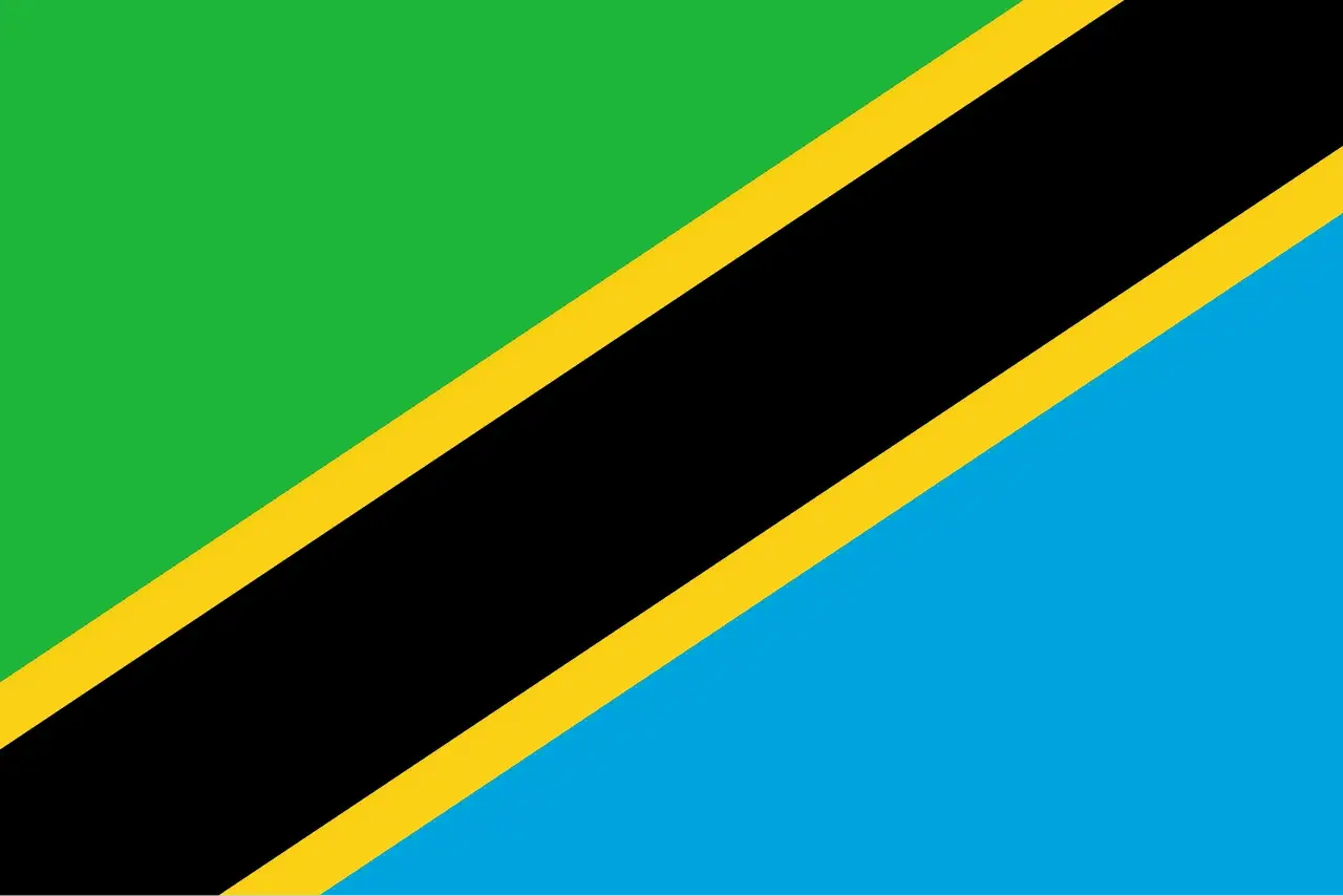Flaga Tanzanii: zielony, czarny i niebieski pasy rozdzielone żółtymi liniami.