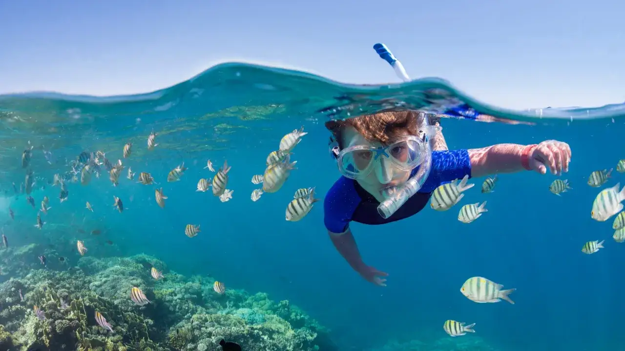 Chłopiec w masce do snorkelingu pływa wśród ławicy ryb podczas zanzibar snorkeling. Podwodny świat pełen kolorowych raf.