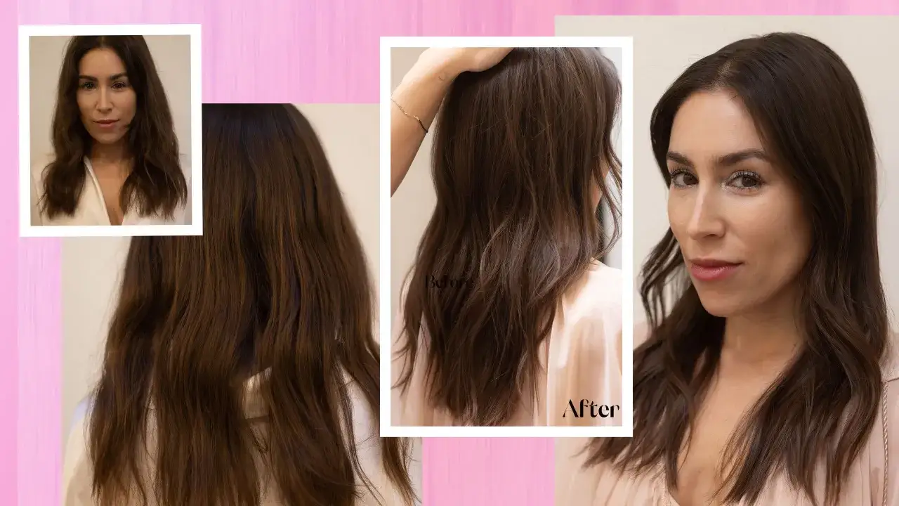 Vorher-Nachher-Bilder einer Frau mit gl&auml;nzendem, gesund aussehendem Haar nach einer Olaplex Behandlung beim Friseur.