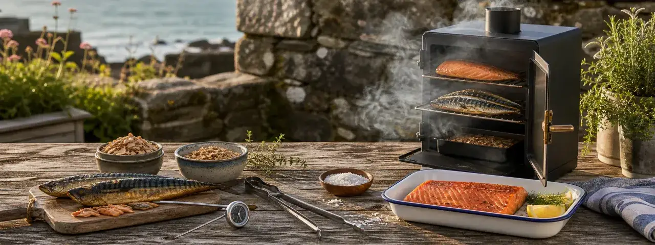Räucherofen mit Lachs und Makrele, bereit für köstliche Smoker Rezepte. Daneben Zutaten wie Räucherspäne und Kräuter.