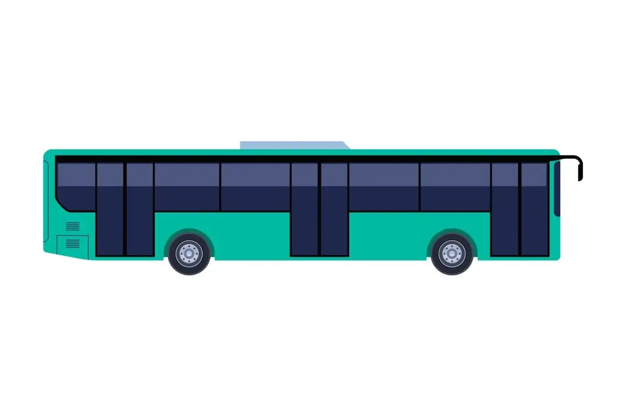 Zielony autobus miejski z ciemnymi oknami. Brak widocznego numeru bocznego autobusu.