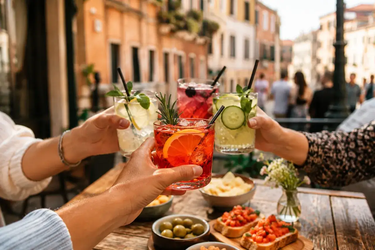Włoskie drinki w Wenecji. Ręce unoszą kolorowe aperitivo z pomarańczą, cytryną i ogórkiem.