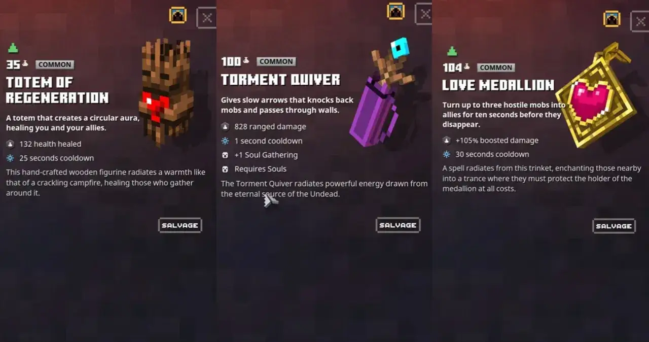 Przedmioty z gry Minecraft Dungeons: Totem Odnowy, Kołczan Udręki i Medalion Miłości.