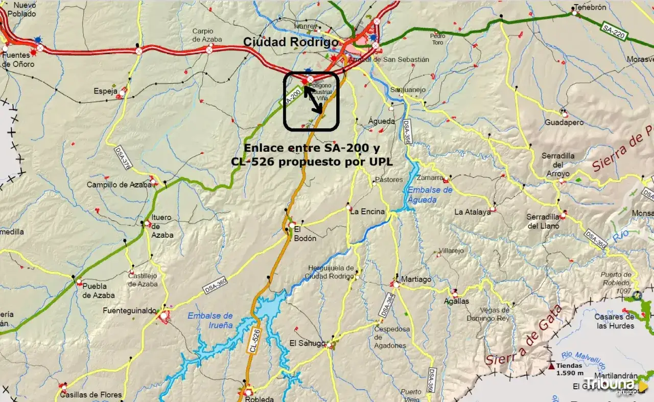 Mapa de carreteras que muestra c&oacute;mo llegar a Ciudad Rodrigo, con rutas principales SA-200 y CL-526.