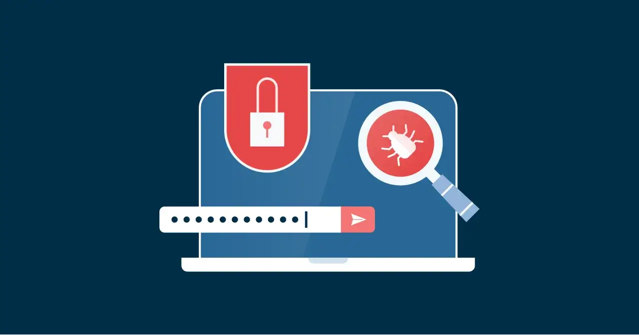 Ein Laptop mit einem roten Schloss-Symbol, einem Suchfeld und einem Käfer unter einer Lupe. Ein **computer hacker** versucht, die Sicherheit zu umgehen.