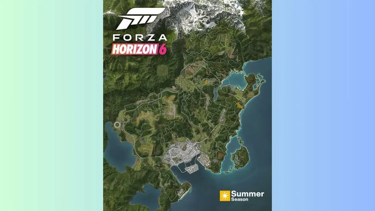 Mapa świata gry Forza Horizon 6, zapowiadająca premierę. Widok z lotu ptaka na wyspiasty teren z górami, miastem i drogami.