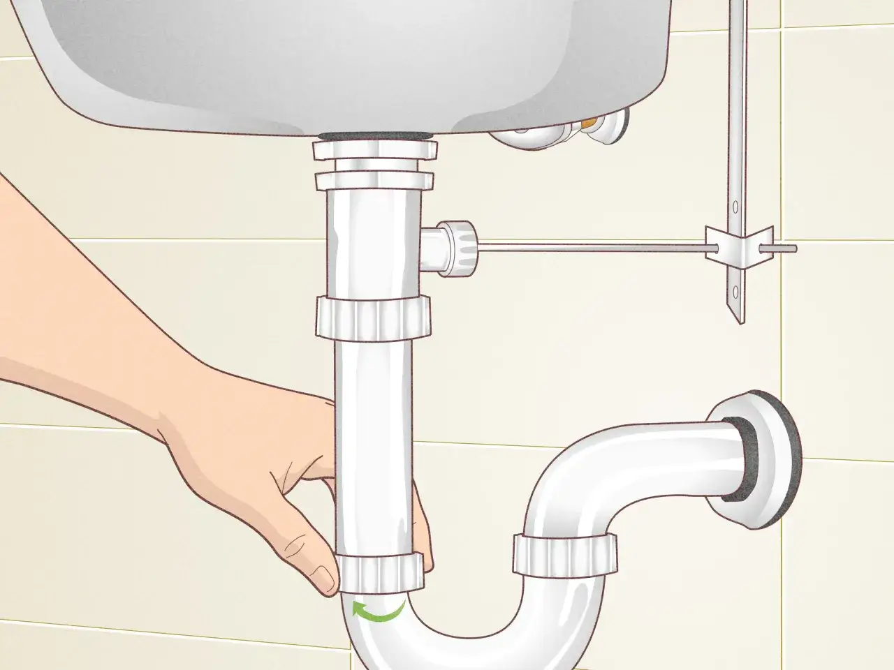 A hand loosens a pipe fitting under a sink, showing how to remove sink stopper.