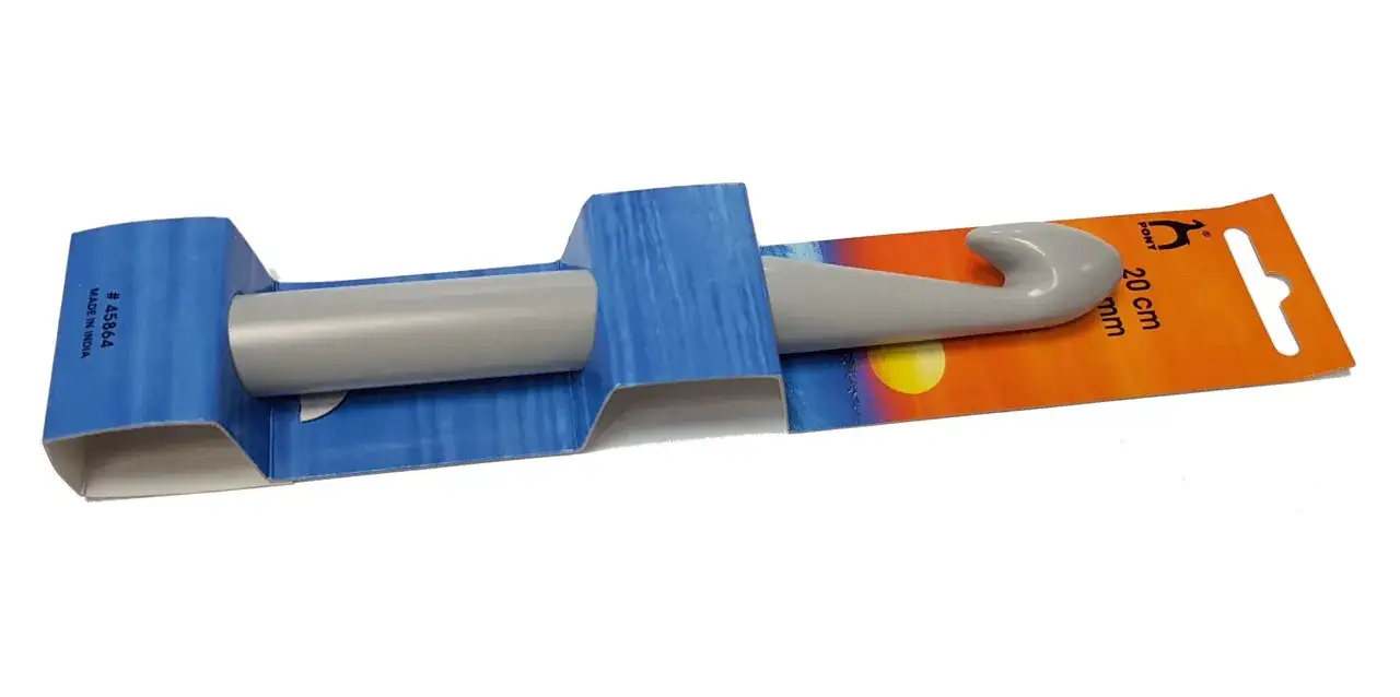 Szary szydełko plastikowe 20 cm, w opakowaniu z motywem zachodzącego słońca.