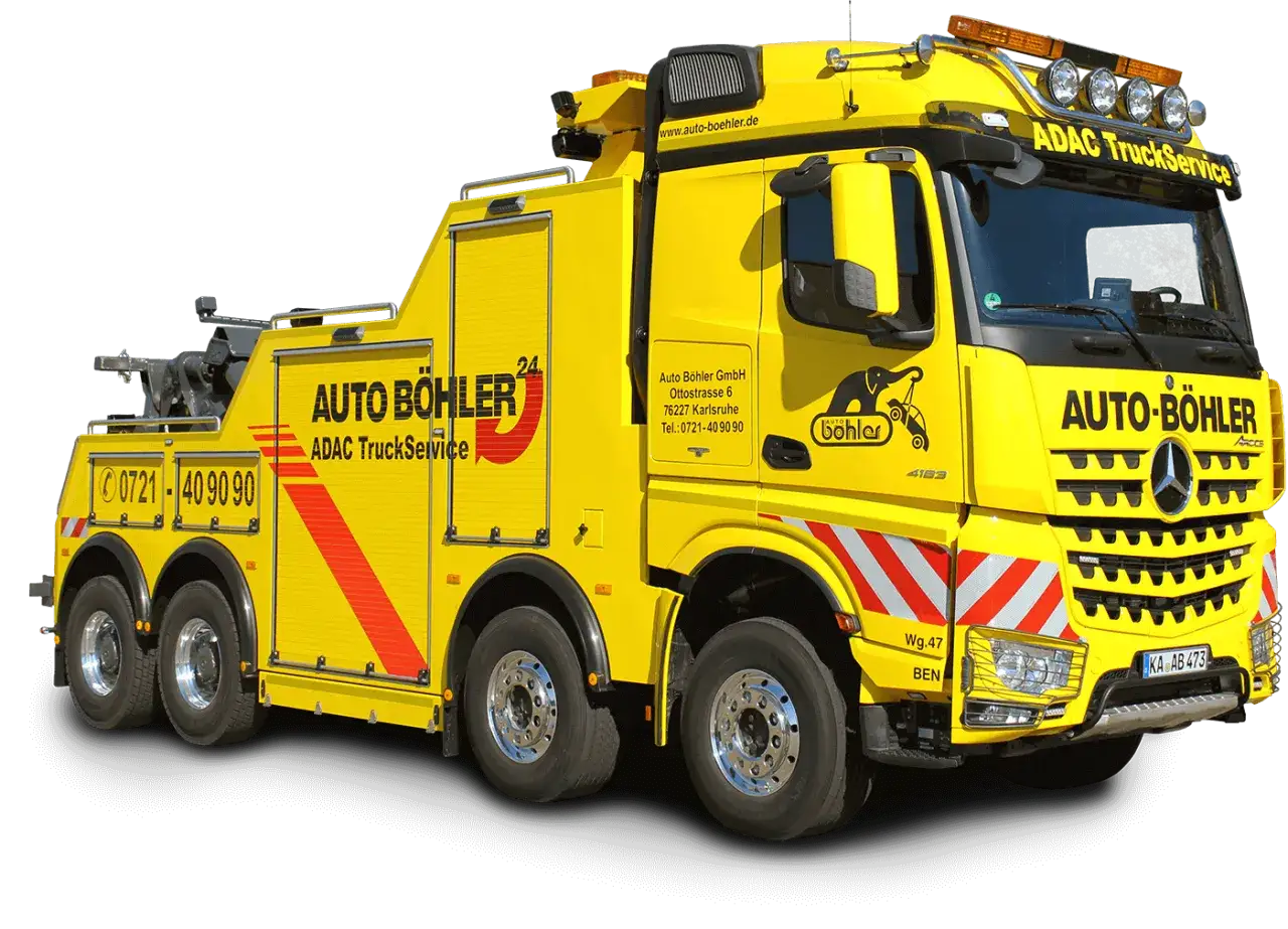 Gelber ADAC TruckService-Abschleppwagen von Auto Böhler, bereit für ADAC Plus Abschleppen nach Hause.