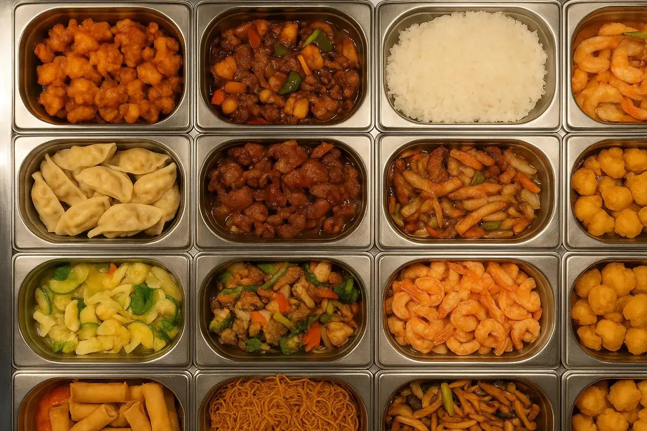 Buffé med asiatisk mat: friterad kyckling, dumplings, räkor, ris och grönsaker. Perfekt för en snabb lunch eller middag. Läs gärna våra **holiday restaurang & bar recensioner** för tips!