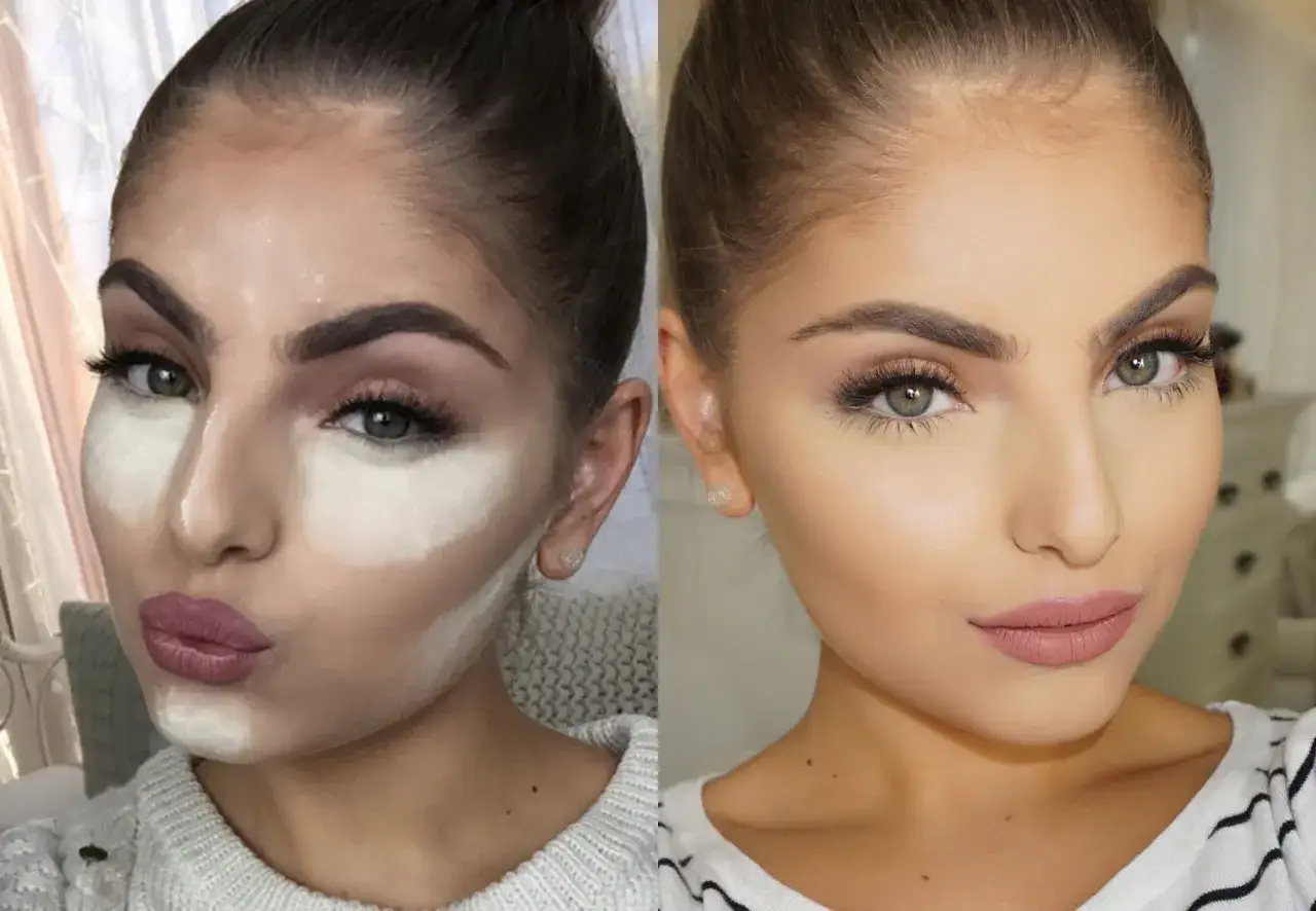 Prima e dopo: il baking trucco trasforma il viso, creando contorni definiti e un incarnato impeccabile.