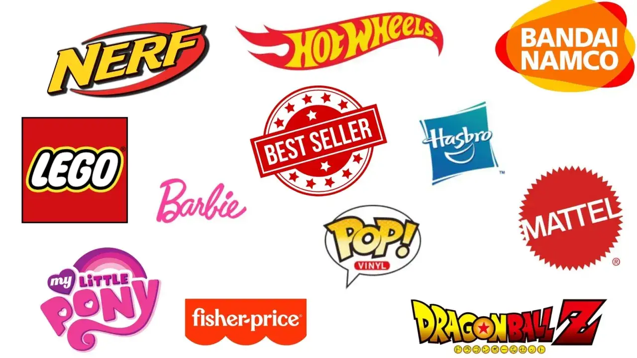 Logo znane firmy zabawek: LEGO, Barbie, Nerf, Hot Wheels, Hasbro, Mattel, My Little Pony, Fisher-Price, Funko Pop, Bandai Namco, Dragon Ball Z.