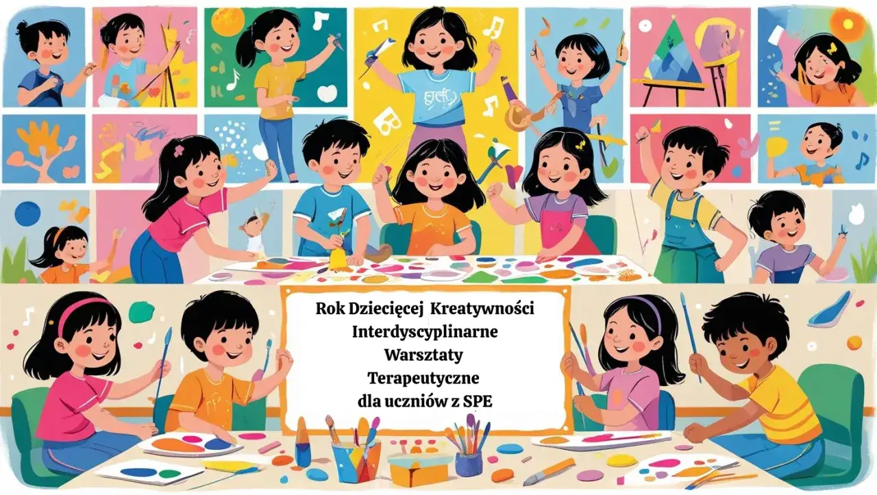 Dzieci tworzą, malują i bawią się, realizując ciekawe pomysły do realizacji w szkole. Wesołe, kolorowe ilustracje.