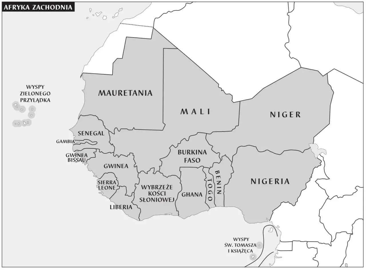 Mapa Afryki Zachodniej z zaznaczonymi państwami, w tym Sierra Leone.
