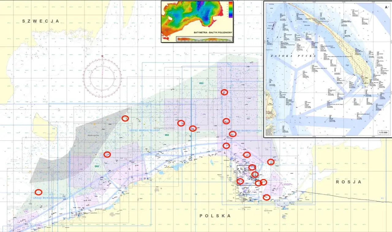 Ciekawostki o morzu bałtyckim: mapa batymetryczna, granice morskie i zaznaczone punkty na wodach terytorialnych Polski, Szwecji i Rosji.