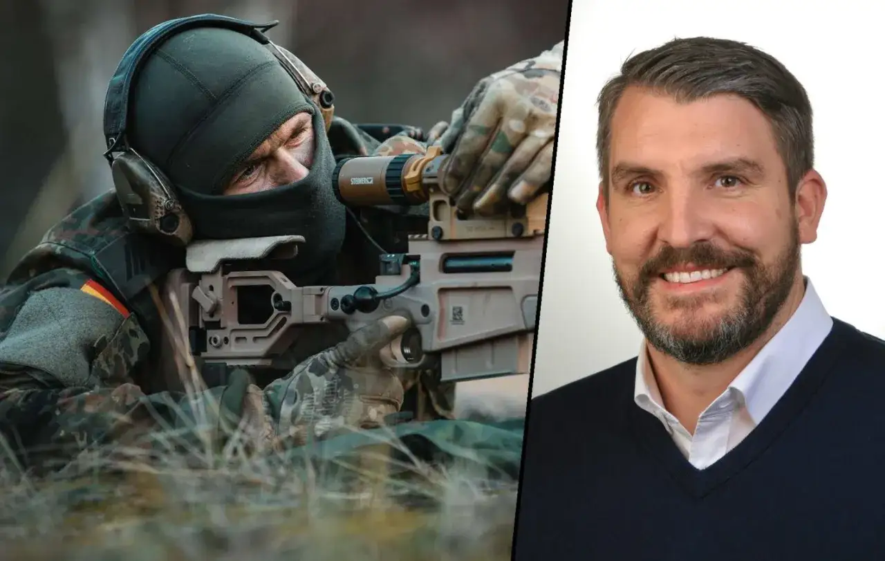 Soldat der Bundeswehr mit Zielfernrohr, bereit f&uuml;r die Entfernungsermittlung. Daneben ein Mann im Anzug.