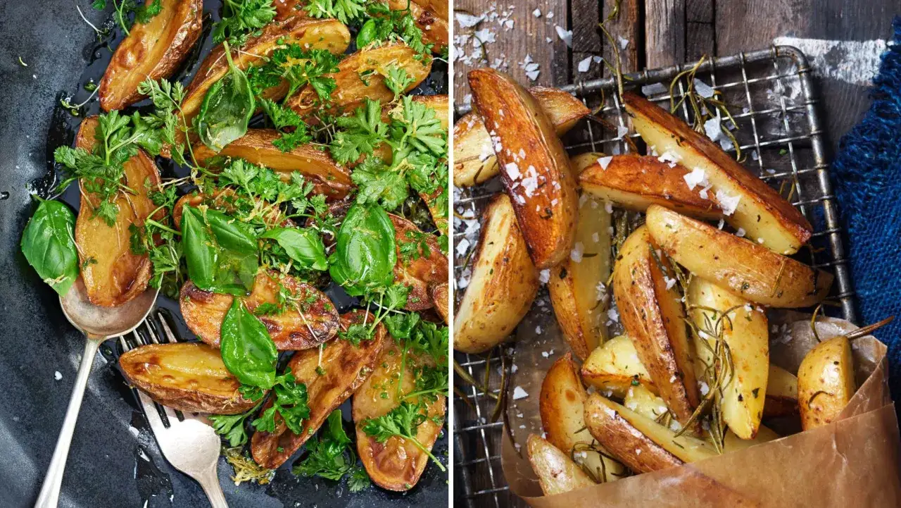 Krispiga potatis i ugn, toppade med färska örter och flingsalt. Perfekt som tillbehör eller enklare måltid.