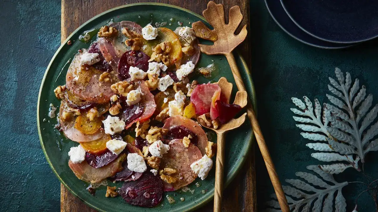 Rote Bete Carpaccio mit Ziegenk&auml;se und Waln&uuml;ssen auf einem gr&uuml;nen Teller, betr&auml;ufelt mit einem Dressing.