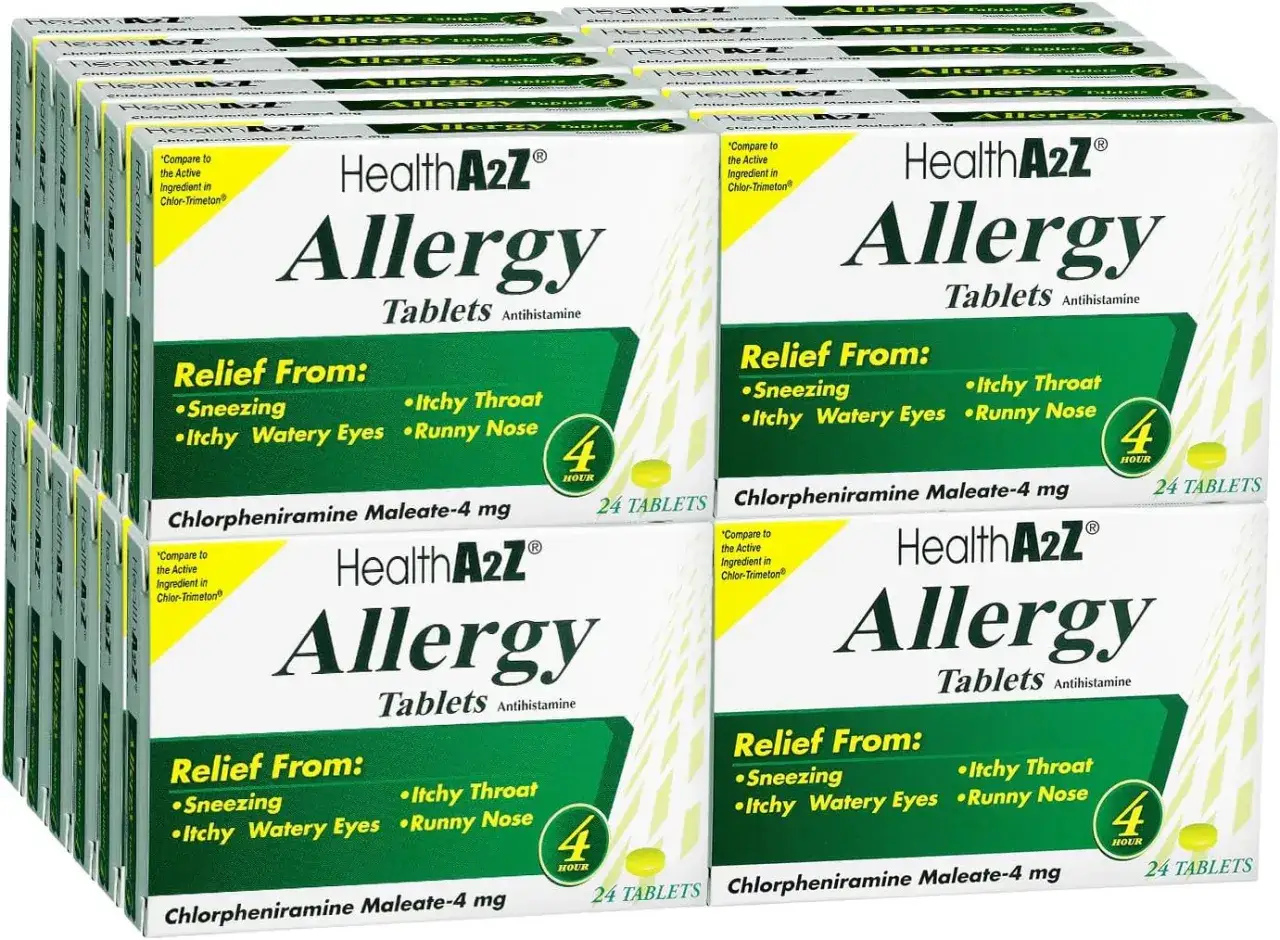 Opakowania leku HealthA2Z Allergy Tablets z chlorfeniraminą maleinianu. Pomaga na katar, kichanie, swędzenie gardła i oczu.