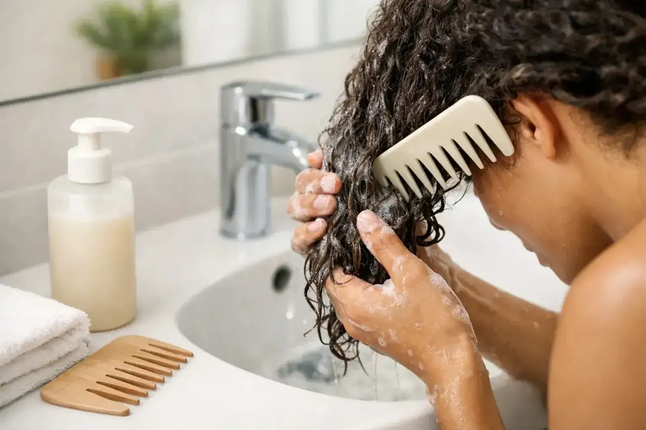 Donna si lava i capelli ricci con shampoo, pettinandoli con un pettine. Una volta a settimana è il momento ideale per questa cura.