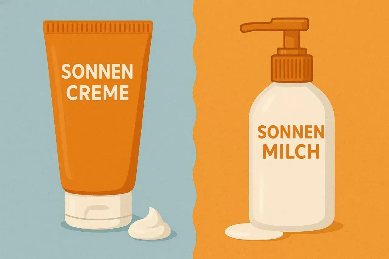Zwei Produkte f&uuml;r den Sonnenschutz: eine Tube Sonnencreme und eine Flasche Sonnenmilch.