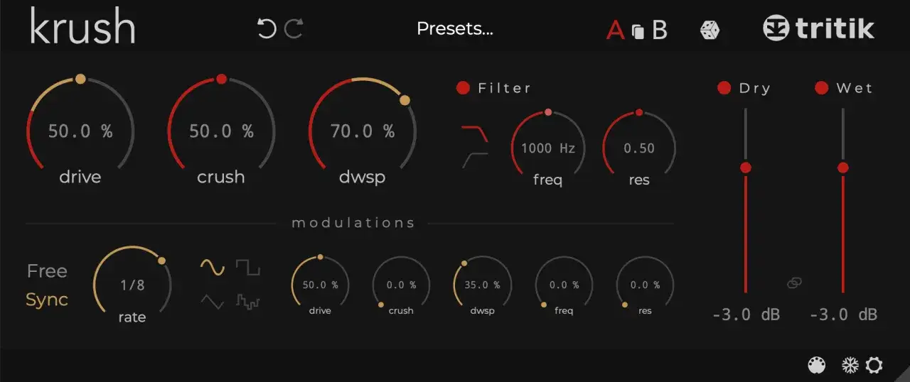 Tritik Krush plugin interface, showing controls for drive, crush, dwsp, filter, and modulation. This bitcrusher effect is ready for sound design.