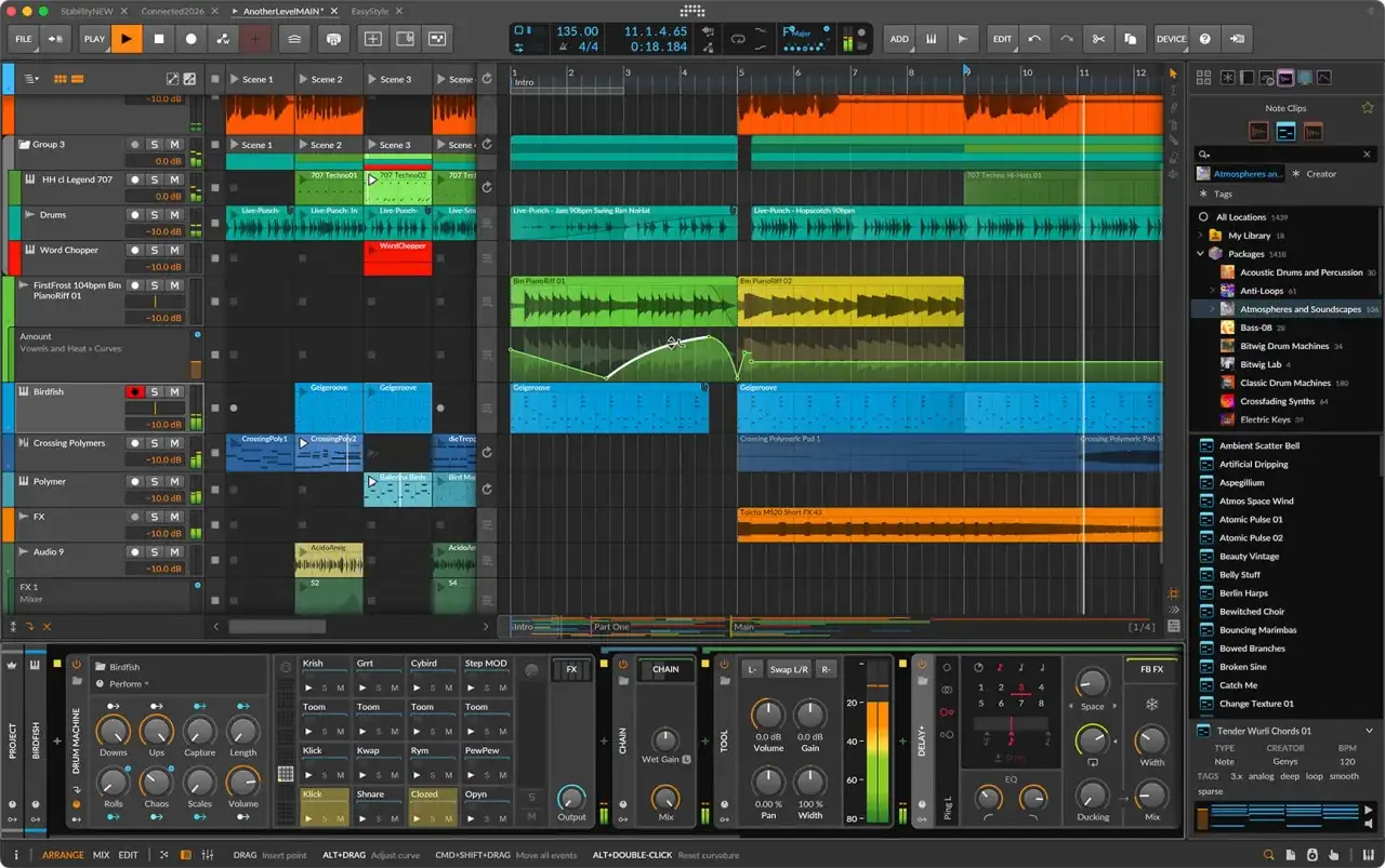 Sekwencer **Bitwig Studio** z wieloma ścieżkami audio i MIDI, scenami, efektami i biblioteką sampli.