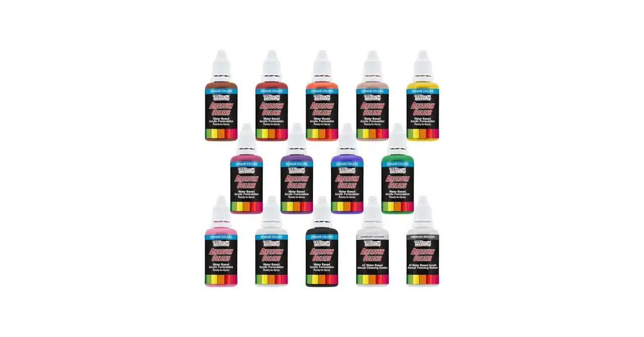 Reihe von Flaschen mit acrylfarben modellbau in verschiedenen Farben, ideal für Airbrush-Projekte.