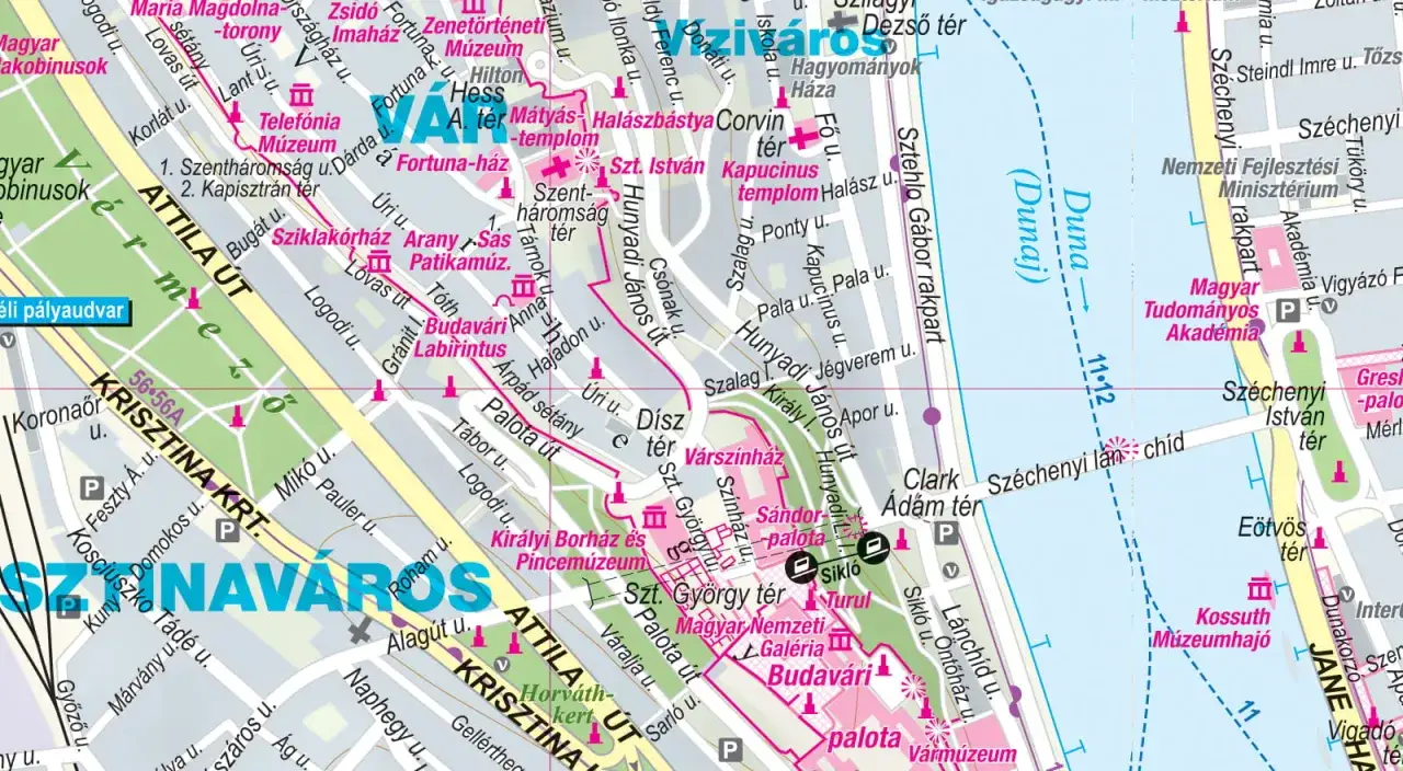 Mapa pokazuje, gdzie jest Budapeszt, z zaznaczonymi ulicami, placami i zabytkami, w tym Dunajem i Zamkiem Królewskim.