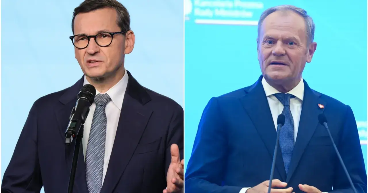 Mateusz Morawiecki i Donald Tusk w garniturach, po a pis porównanie polityków.