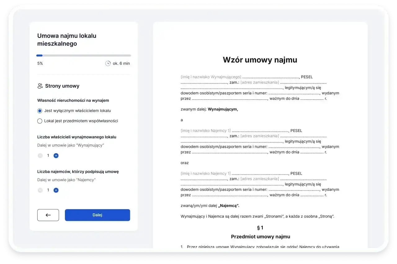 Formularz umowy najmu mieszkania, gdzie wpisuje się dane wynajmującego i najemcy.