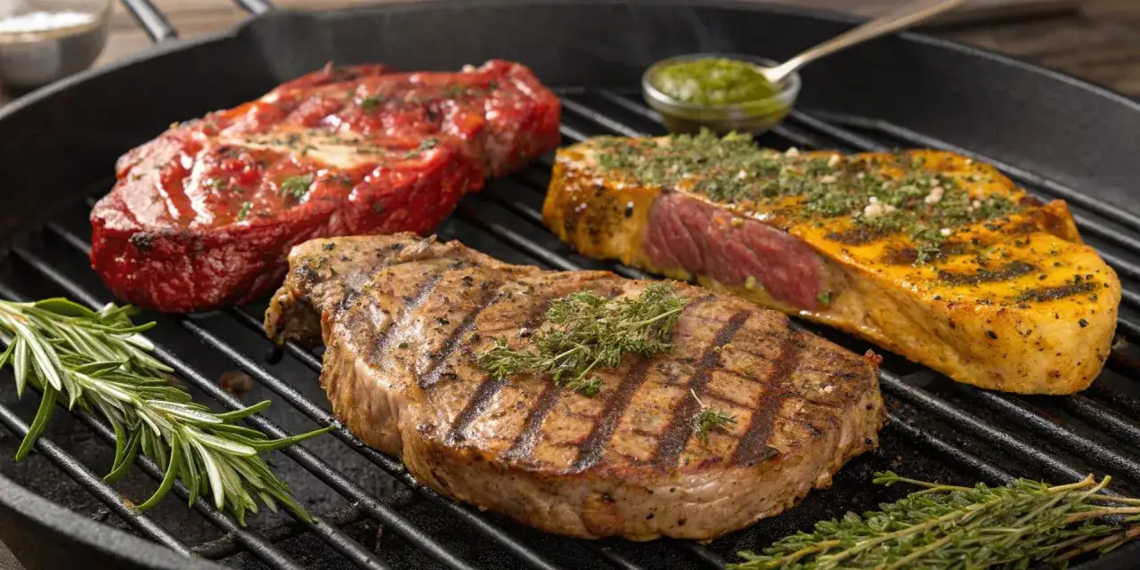 Drei saftige Steaks auf dem Grill, eines davon mit Kr&auml;utern und Gew&uuml;rzen mariniert. Perfekt f&uuml;r ein BBQ mit Freunden.