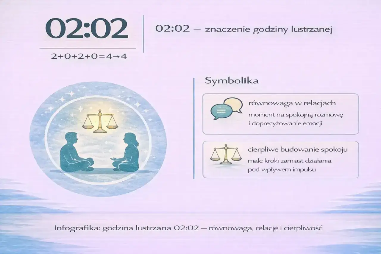 Godzina lustrzana 02:02 symbolizuje równowagę w relacjach i cierpliwe budowanie spokoju.