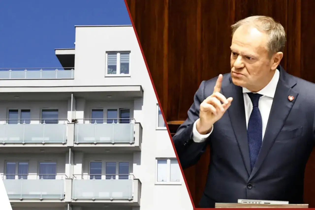 Czy nowe przepisy o balkonach i tarasach podniosą opłaty na fundusz remontowy? Polityk przemawia na tle nowoczesnego bloku mieszkalnego.