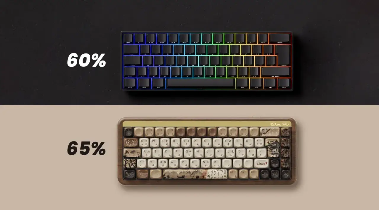 Zwei Tastaturen im Vergleich: eine 60% Tastatur mit Regenbogen-Beleuchtung und eine 65% Tastatur mit Holzrahmen und asiatischen Motiven.