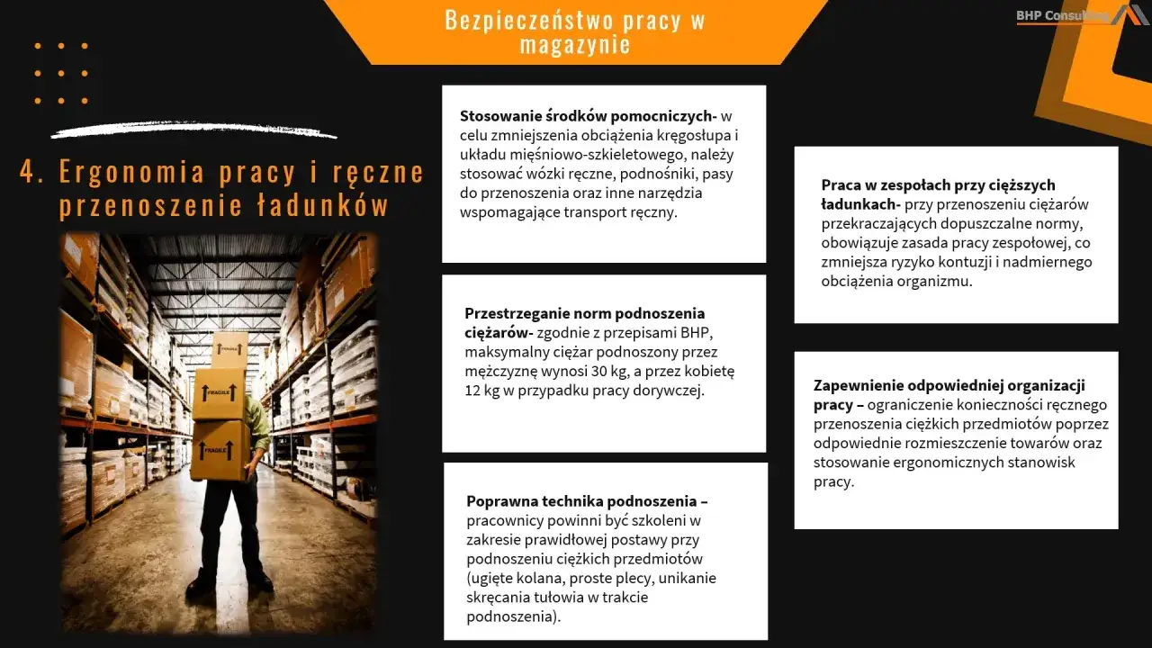Pracownik magazynu przenosi ciężkie paczki, przestrzegając norm dźwigania w pracy.