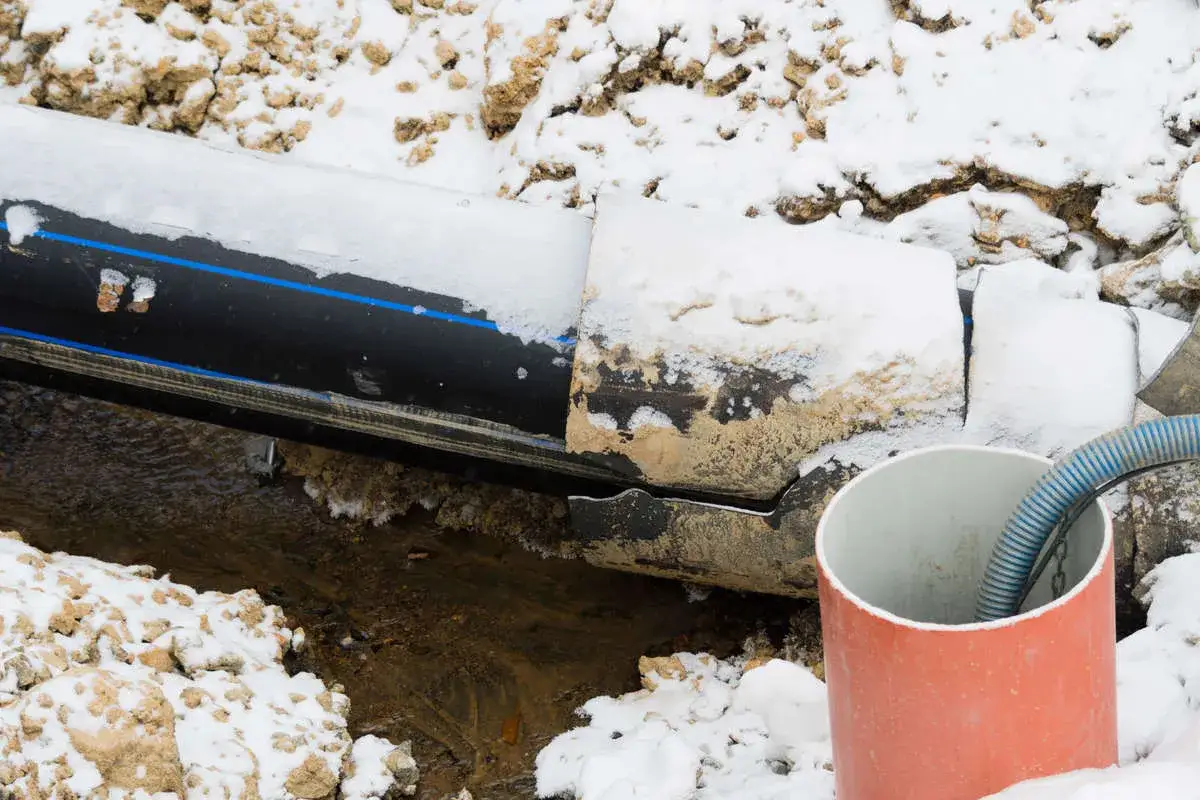 Arbete med relining av avlopp i sn&ouml;. En ny, svart plastledning med bl&aring;a markeringar ligger i en gr&auml;vd grop. En orange r&ouml;r&auml;nde och en bl&aring; slang syns.