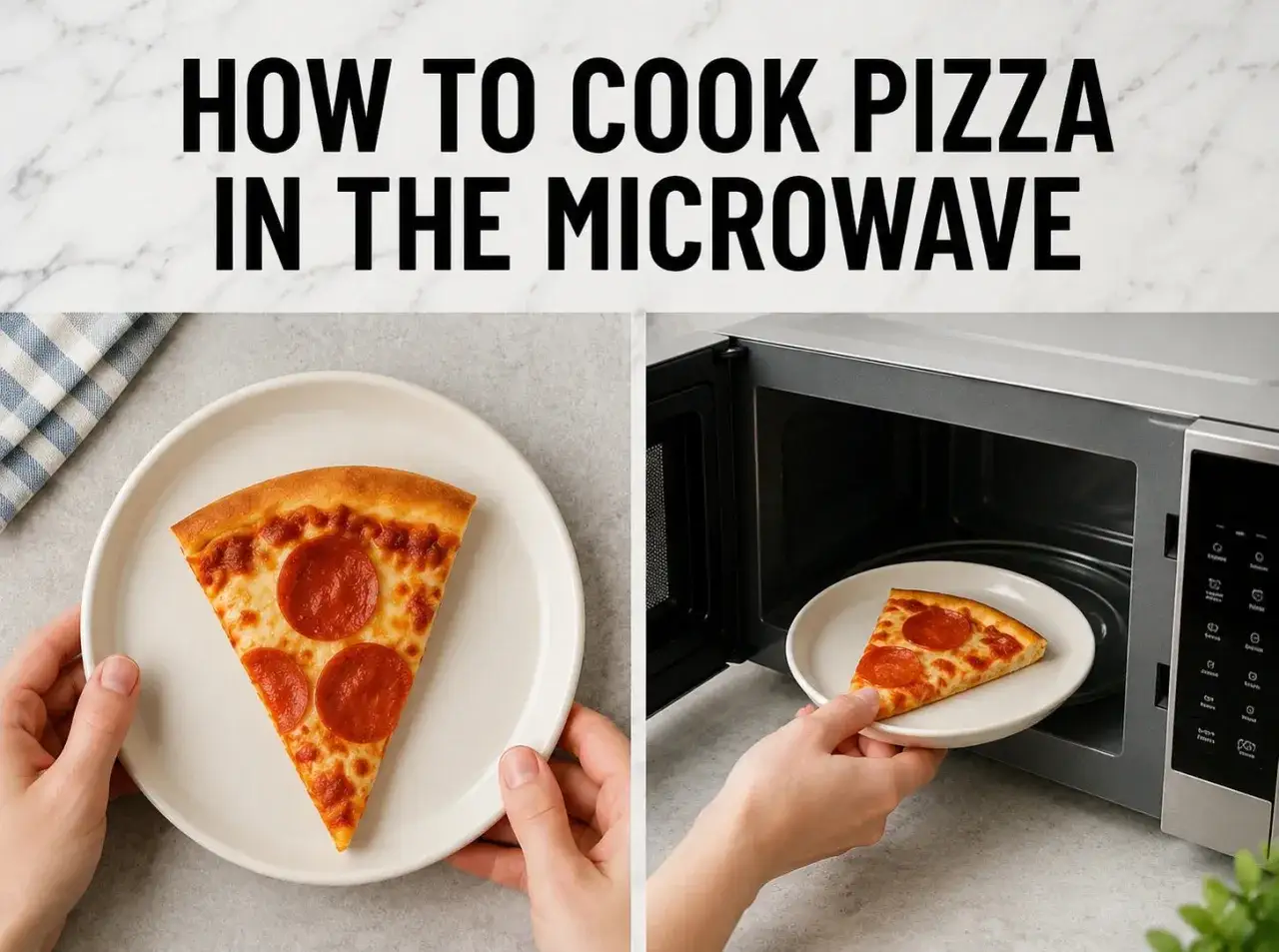 Kawałek pizzy pepperoni na talerzu, gotowy do podgrzania w mikrofali. Szybki sposób na mrożoną pizzę.