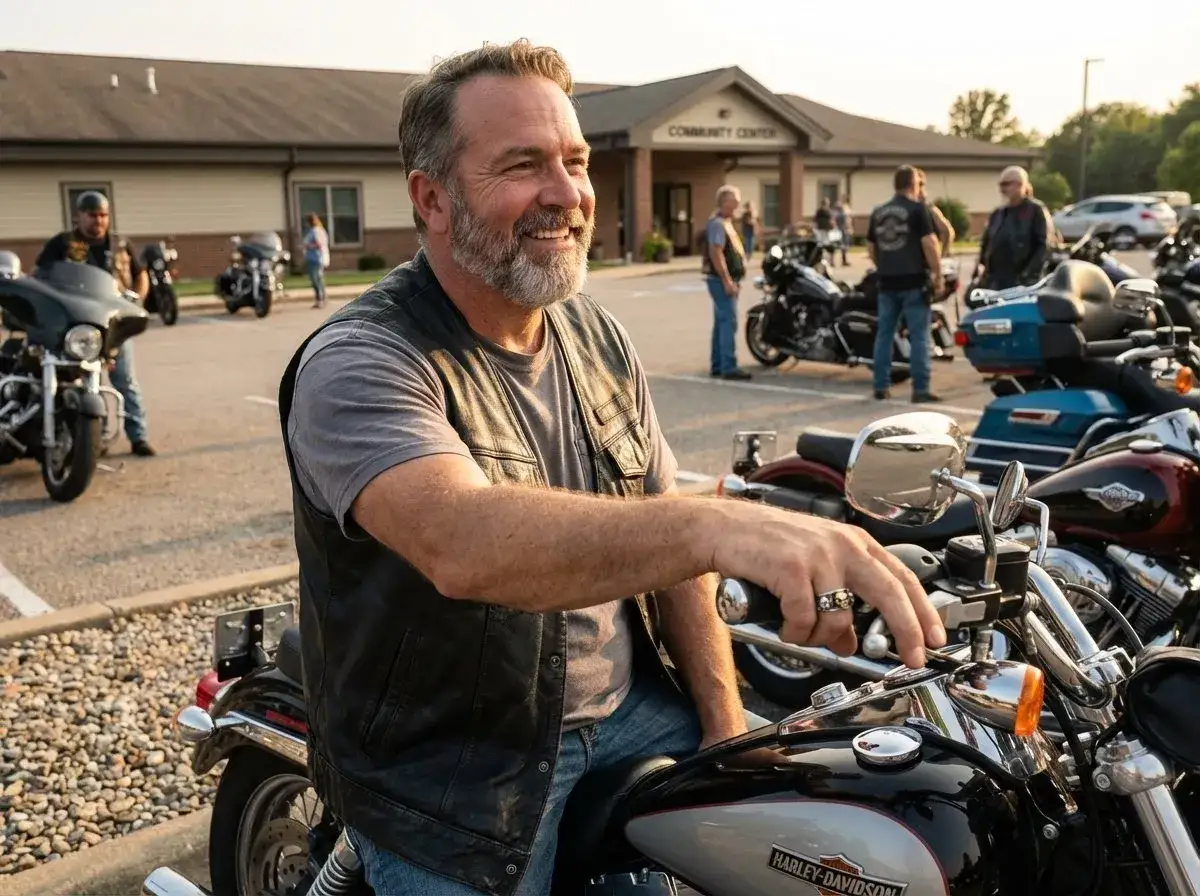 Uśmiechnięty mężczyzna w kamizelce motocyklowej, siedzący na Harleyu. W tle budynek Community Center i inni motocykliści. To spotkanie, gdzie obowiązują **gremium mc zasady**.