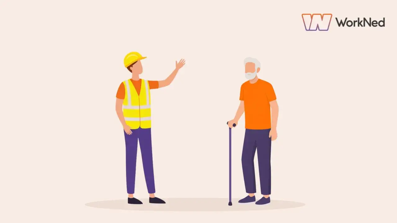 Een jonge bouwvakker met een **stipp hollandia**-hesje praat met een oudere man met een wandelstok.