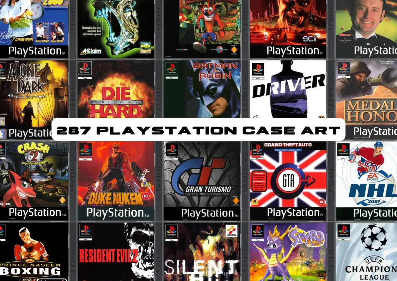 Kolekcja okładek gier na PS1: Crash Bandicoot, Duke Nukem, Gran Turismo, GTA, Spyro i wiele innych klasyków.