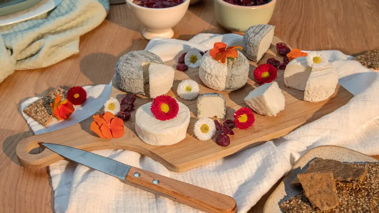 Plateau de fromages artistiquement arrangé avec des fleurs colorées et des fruits secs. Une décoration de plateau de fromage qui invite à la dégustation.