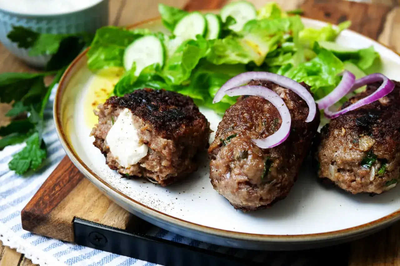 Saftige Bifteki, gefüllt mit Käse, serviert mit Salat und Zwiebelringen. Ein köstliches Bifteki Rezept zum Nachkochen.