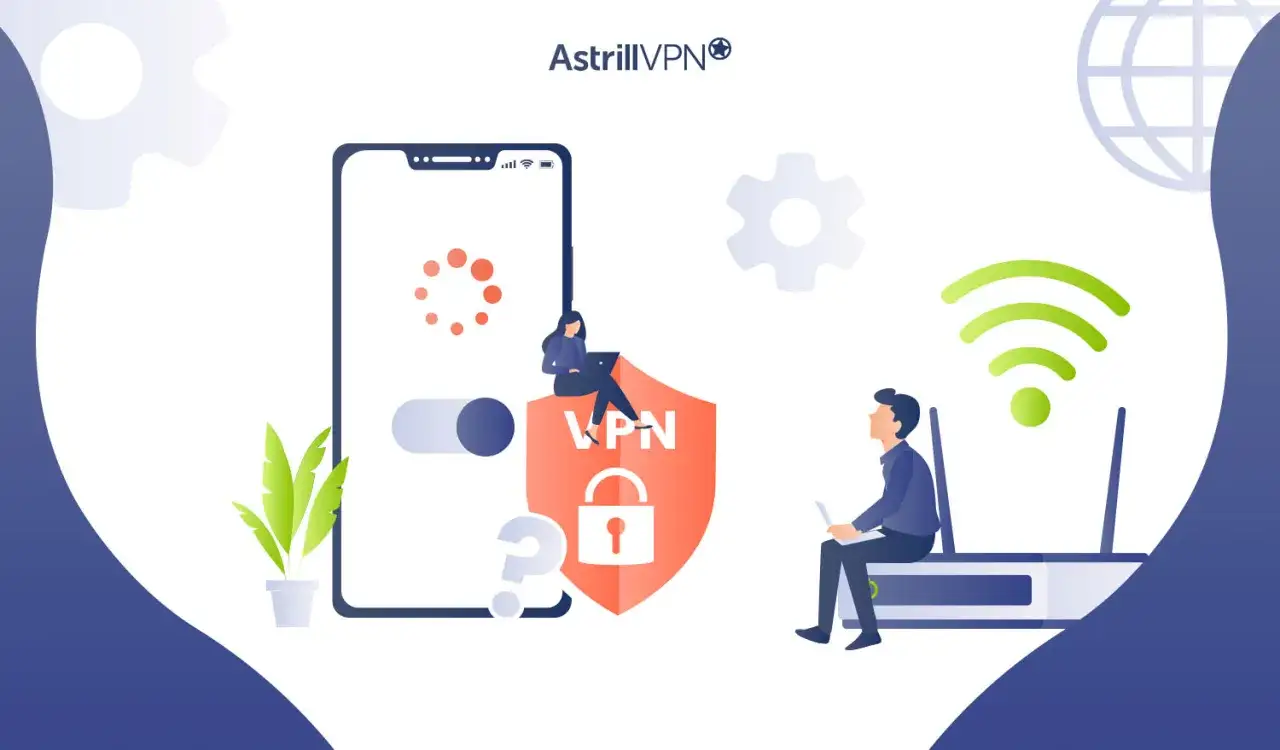 Ilustracja pokazuje, jak korzystać z vpn w telefonie. Kobieta siedzi na tarczy z napisem VPN, a obok niej telefon z ikoną ładowania.