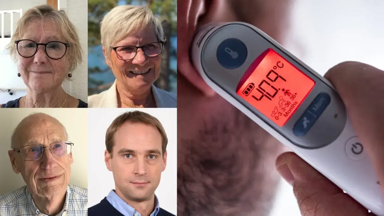 Kan man få feber av stress? Fyra porträtt av äldre personer och en närbild på en termometer som visar 40.9°C.